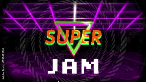 Loading orange progress bar advancing in neon interface, with pointer clicking glitching SUPER JAM