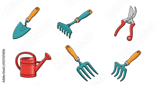 Illustration showing a collection of gardening tools including a trowel rake and watering can and shears