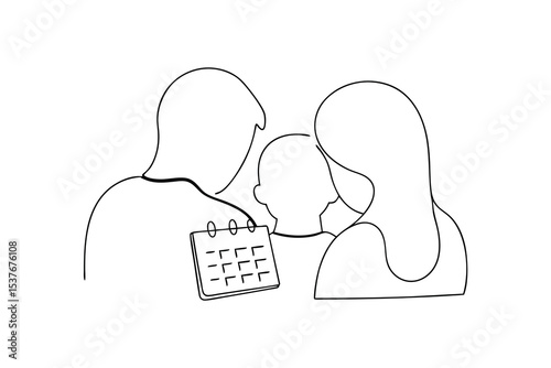 Family looking at calendar continuous line art drawing