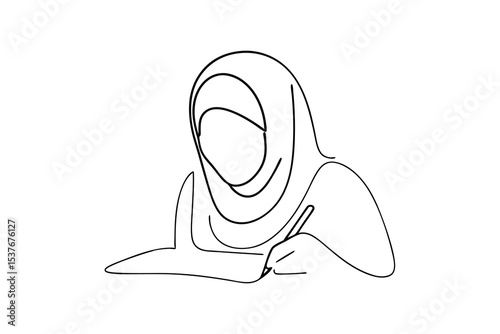 Woman in hijab writing continuous line art drawing