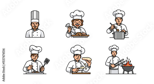 Collection of six chefs in various cooking scenarios wearing white uniforms and chef hats in a row format