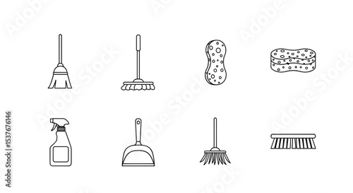 Illustration of cleaning supplies including brooms, mops, sponges, spray bottle and dustpan icons set
