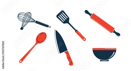 Assortment of kitchen utensils including whisk, spatula, rolling pin, spoon, knife, and mixing bowl