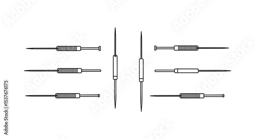Illustration showing a collection of needles with different orientations and sizes on a white background