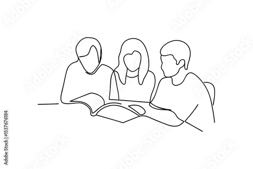 Three students studying together continuous line art illustration