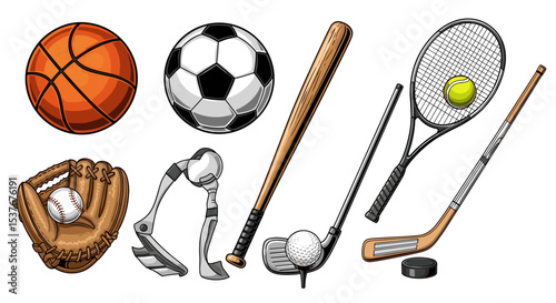 Illustration displaying a variety of sports equipment including balls and various sporting implements