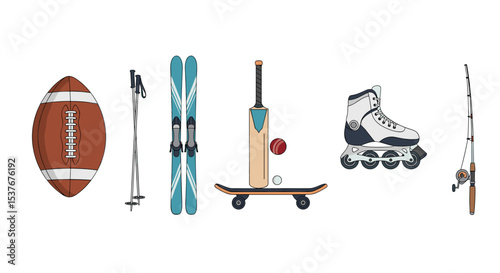 An illustration of various sporting equipment including a football and a fishing rod and more items here