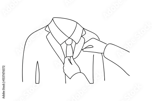 Continuous line art drawing of a suit being dressed