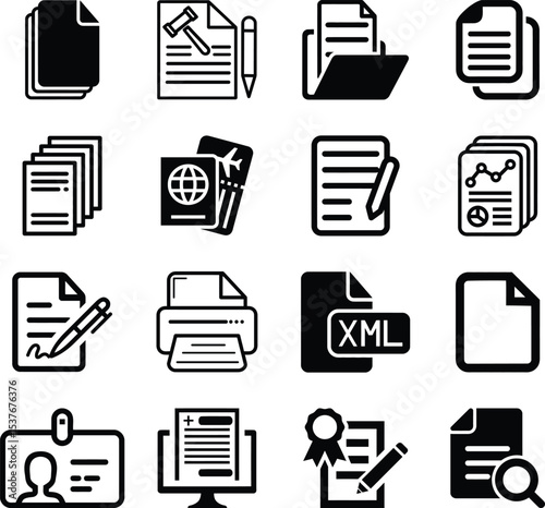 Document set of web icons in line style. Documents linear icon collection. Containing contract papers, folder, certificate, accept, approved, clipboard, invoice, archive and more.
