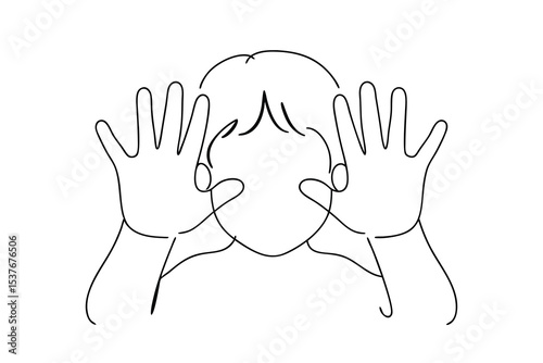 Continuous line art drawing of person covering face with hands