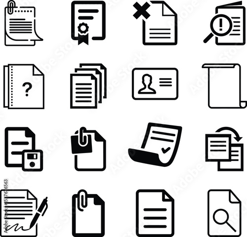Document set of web icons in line style. Documents linear icon collection. Containing contract papers, folder, certificate, accept, approved, clipboard, invoice, archive and more.