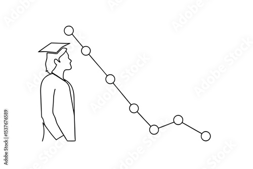 Graduate facing decreasing graph line art illustration
