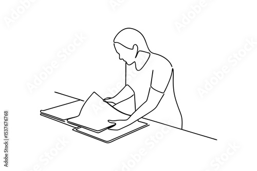 Woman organizing documents continuous line art illustration