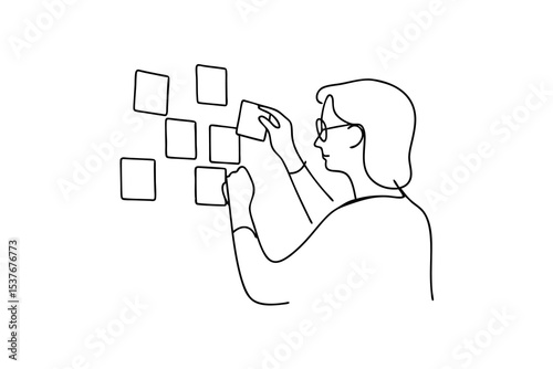Woman organizing sticky notes continuous line art illustration