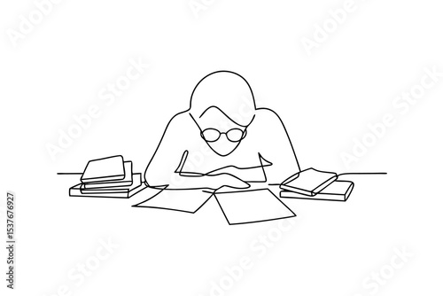 Person studying books continuous line art drawing minimalist illustration