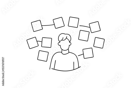 Person surrounded by connected squares continuous line art illustration