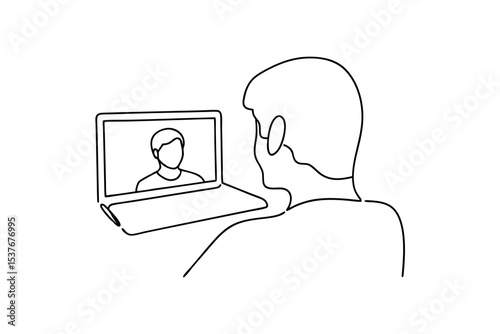 Man having a video call on laptop continuous line art