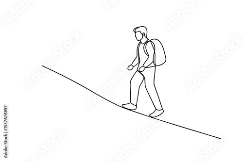Continuous line art man hiking up hill backpack travel