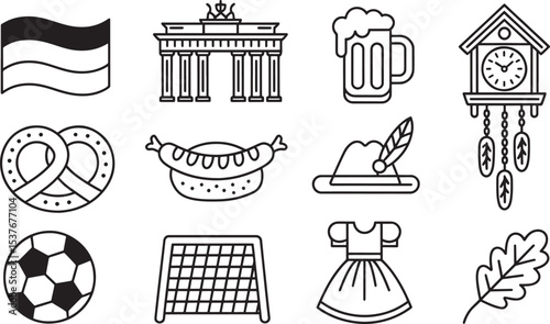 Iconic German Culture Line Icons, Showcasing Landmarks and Festive Elements.