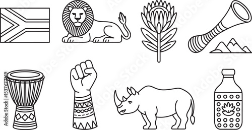 South African Culture Line Icons Featuring Wildlife, Music, and Symbols.