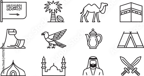 Traditional Middle Eastern Culture Line Icons, Showcasing Religious and Desert Elements.