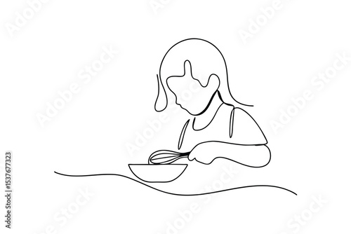 Child mixing bowl continuous line art drawing simple illustration