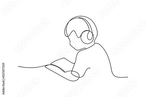 Person reading book while wearing headphones continuous line art