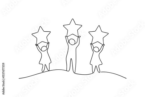 Three children holding stars continuous line art illustration