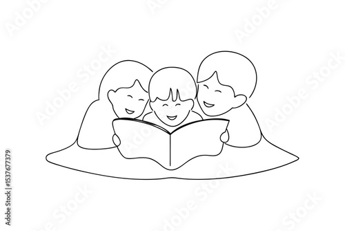 Three happy children reading a book together continuous line art illustration