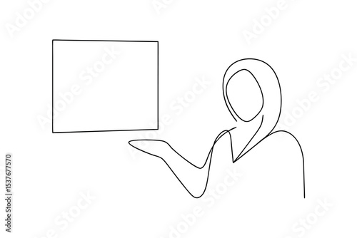 Woman in hijab presenting blank rectangle continuous line art