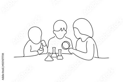 Children scientists studying science experiment continuous line art
