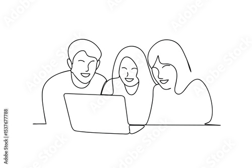 Happy friends looking at laptop continuous line art illustration