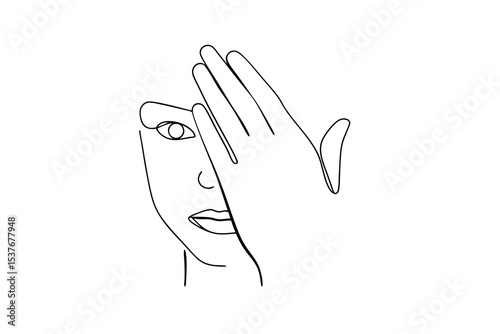 Abstract continuous line art woman face hand covering eye minimalist drawing