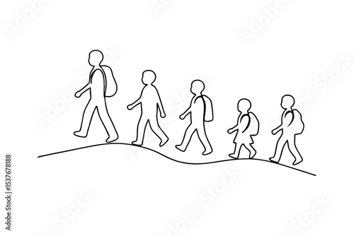Continuous line art illustration of children hiking with backpacks