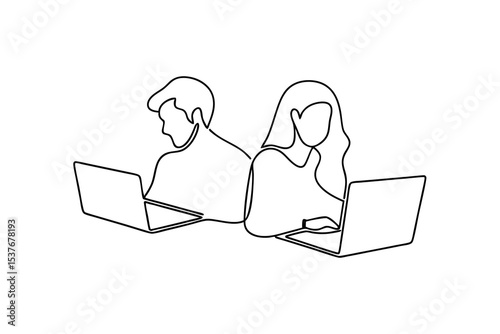 Continuous line art couple working on laptops together