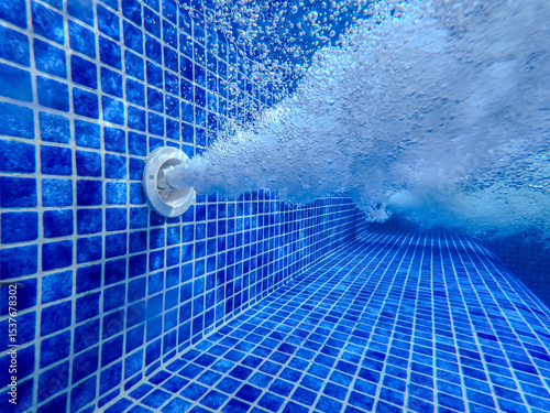 Underwater view of the pool mosaic tile and water jets