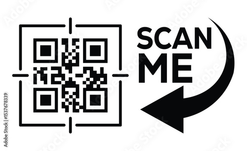 Minimalist black and white QR code centered with thin outline and crosshair targeting. "SCAN ME" text + left-pointing arrow on right. Clean, modern tech call-to-action on white background.