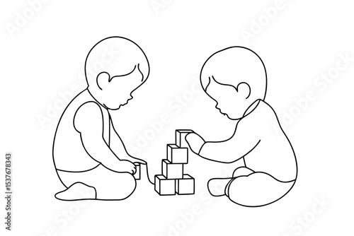 Two toddlers playing with blocks continuous line art illustration