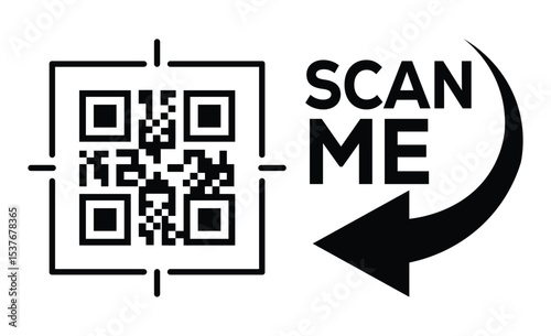 Minimalist black and white QR code centered with thin outline and crosshair targeting. "SCAN ME" text + left-pointing arrow on right. Clean, modern tech call-to-action on white background.