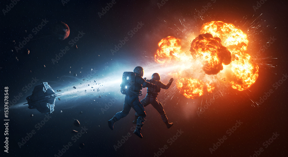 Naklejka premium Cosmic Catastrophe: Two Astronauts Witnessing a Planetary Explosion in Deep Space