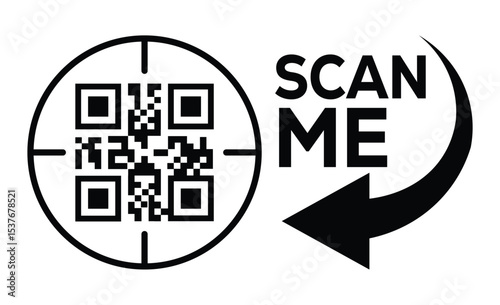 Minimalist black and white QR code centered with thin outline and crosshair targeting. "SCAN ME" text + left-pointing arrow on right. Clean, modern tech call-to-action on white background.