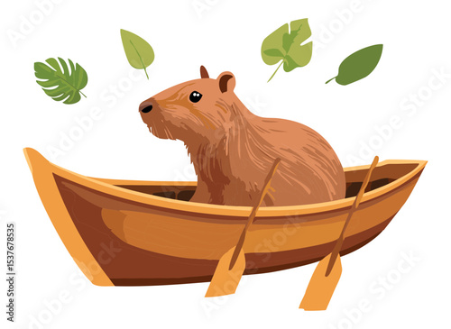 Capybara in Boat with Oar Illustration
