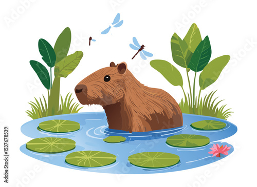 Capybara in Pond with Water Lilies