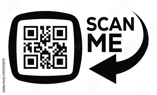 Minimalist black & white QR code centered left in thin frame. Bold "SCAN ME" text below. Curved black arrow points left towards code from right. Pure white background. Modern, clear graphic design