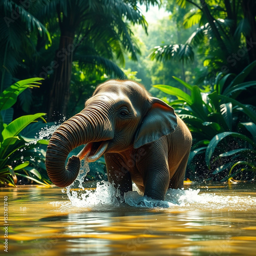 Joven elefante juguetón salpicando agua con su trompa en una jungla vibrante y exuberante. La luz del sol se filtra a través del dosel, creando efectos de luz en su piel texturizada