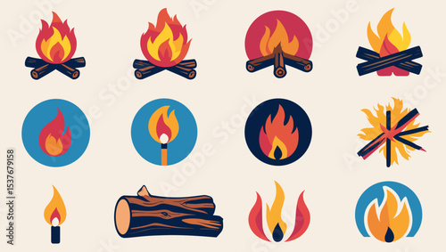 Campfire flame vector set bonfire burning fire wood illustration