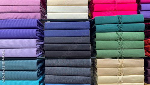 Colorful cotton shirts stack up for sale in a store in India.