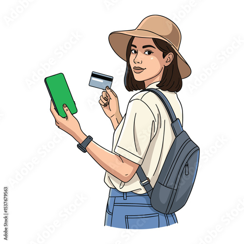 Illustration of a woman shopping online using a smartphone and a credit card, vector art