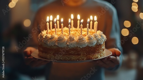 Birthday Cake with Lit Candles in Cozy Home Celebration