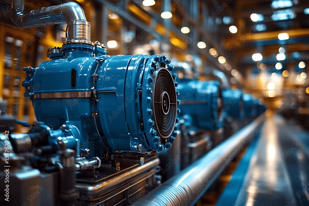 Fototapeta premium Industrial machinery featuring blue high pressure pumps and piping in a factory setting